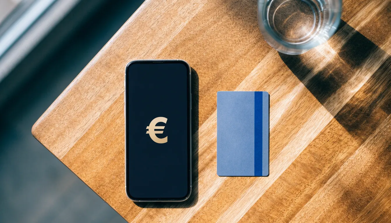 Eine Bankkarte ohne Aufdruck liegt neben einem Smartphone mit dunklem Display auf einem Holztisch.