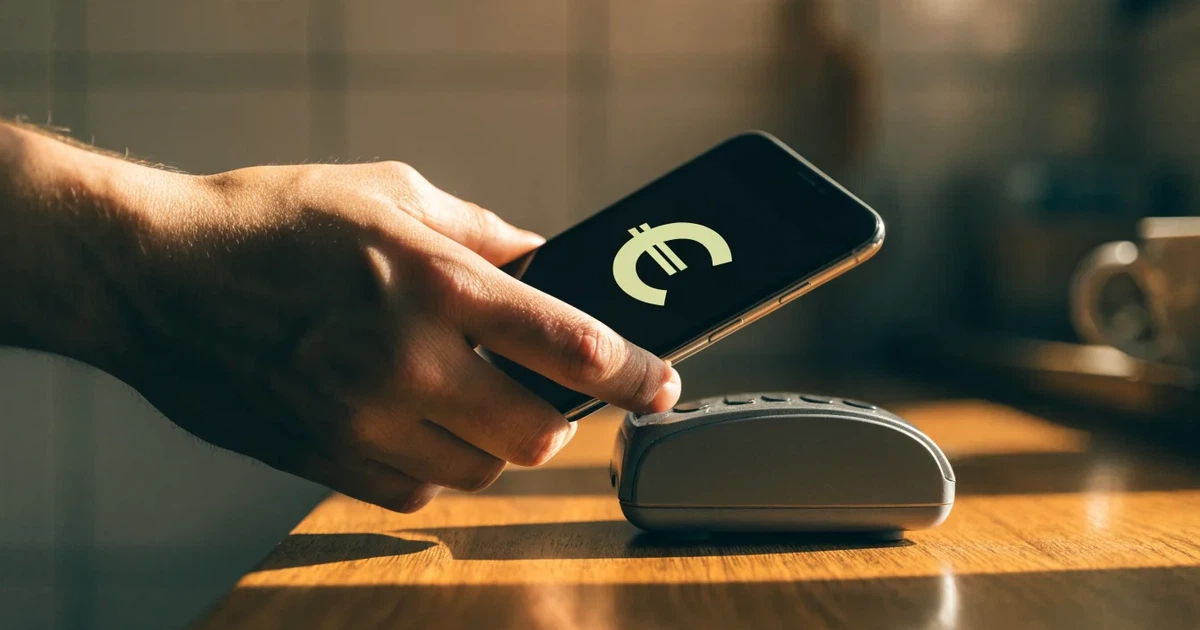 Eine Hand hält ein Smartphone dicht an ein Kartenlesegerät ohne erkennbare Beschriftung in einem Café.