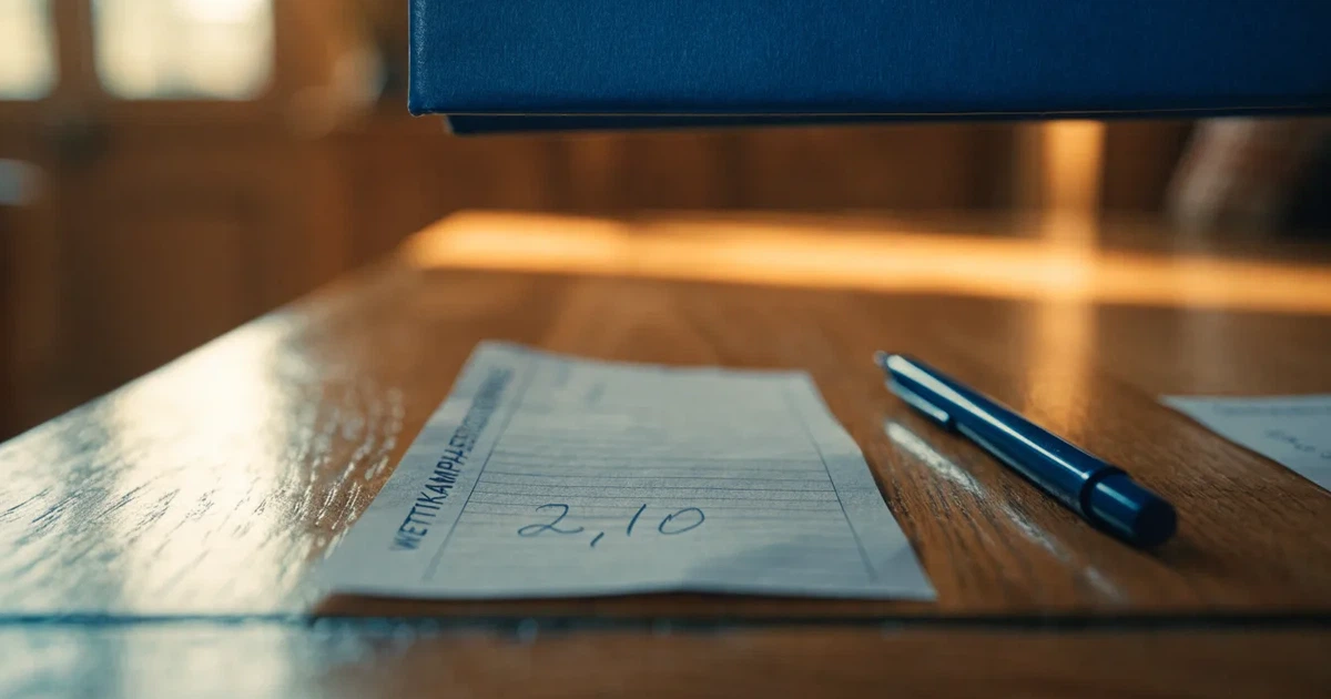 Ein leerer Papier-Wettschein liegt neben einem Kugelschreiber auf einem Tisch, ohne lesbaren Aufdruck.