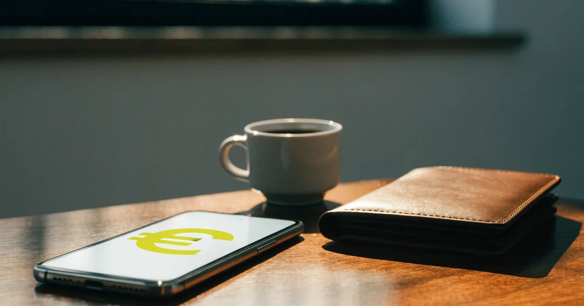Ein Smartphone mit dunklem Display liegt auf einem Tisch neben einer Geldbörse und einer Tasse Kaffee.