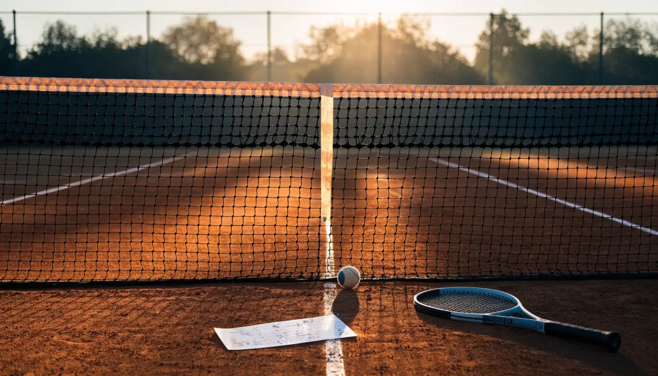 Ein Tennisplatz aus Sand bei Sonnenaufgang, das Netz im Gegenlicht, kein Mensch zu sehen.