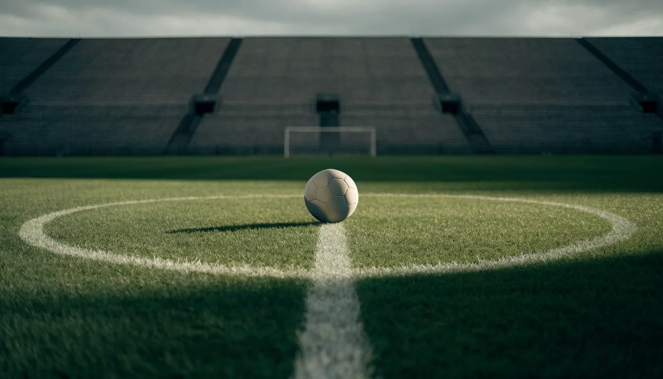 Ein Fußball liegt auf dem Anstoßpunkt eines leeren Rasenplatzes, im Hintergrund eine ruhige Tribüne unter bedecktem Himmel.