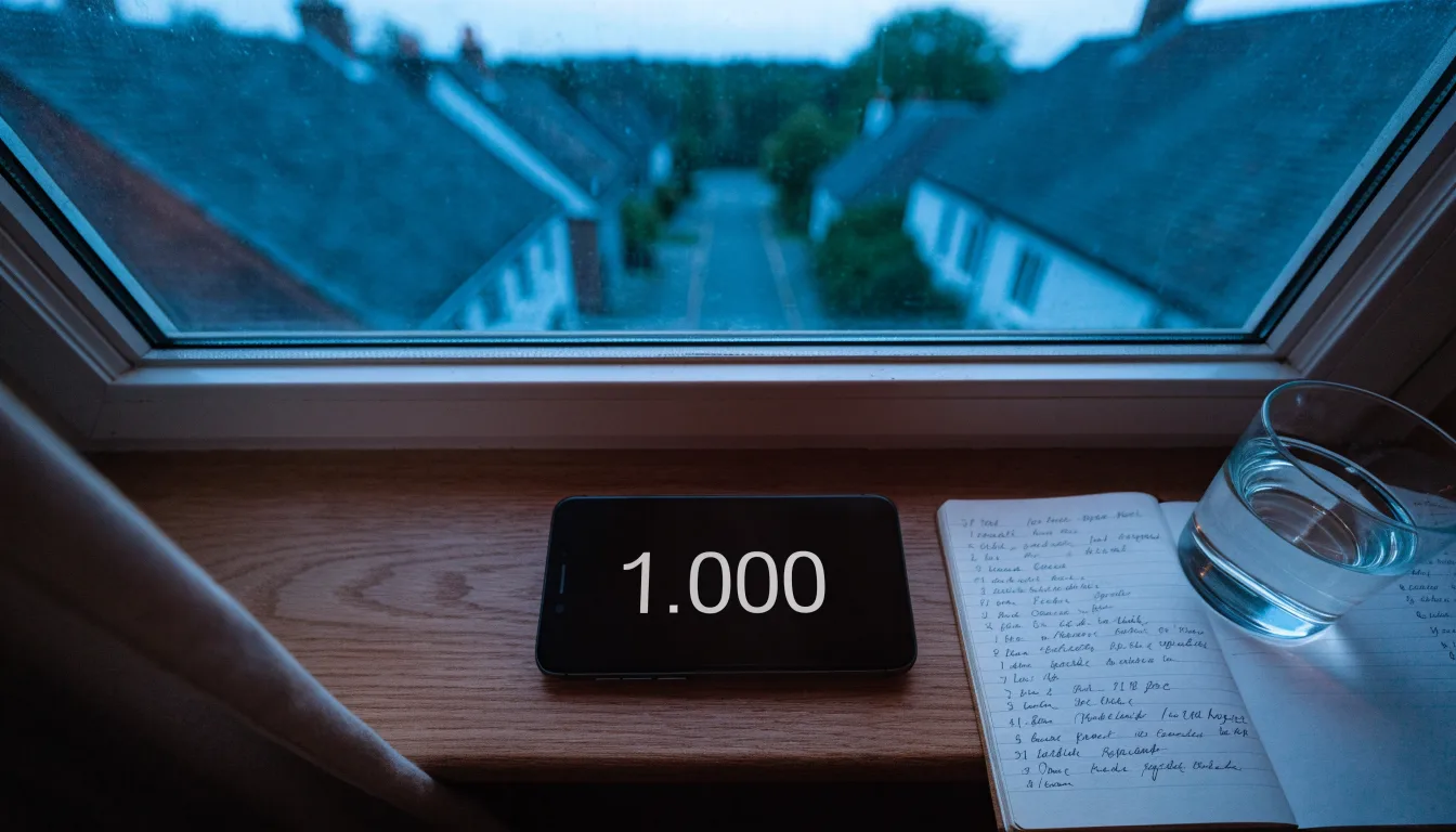 Die Silhouette einer Person sitzt am Abend am Fenster und blickt auf eine Straße, auf dem Fensterbrett steht ein Glas Wasser.