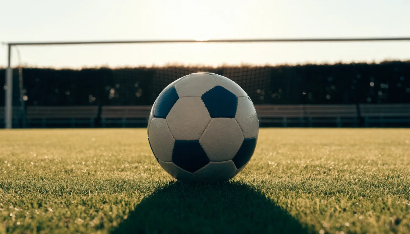 Ein Fußball auf einem Rasenplatz im Gegenlicht der tiefstehenden Sonne, am Spielfeldrand eine leere Ersatzbank.