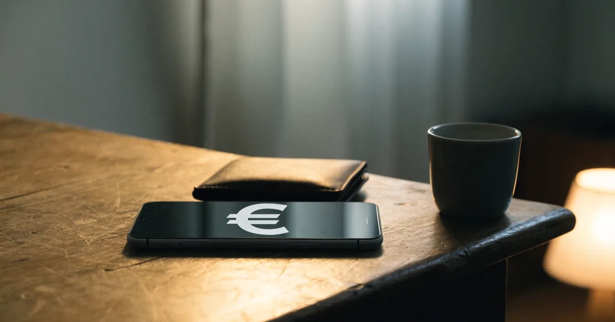 Ein Smartphone mit dunklem Bildschirm liegt neben einer Geldbörse und wenigen Münzen auf einem Holztisch im weichen Fensterlicht.