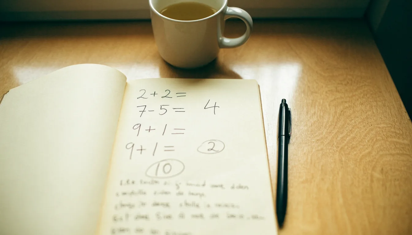 Ein Notizbuch mit handgeschriebenen Rechnungen und ein Taschenrechner auf einem hellen Schreibtisch neben einer Tasse Tee.
