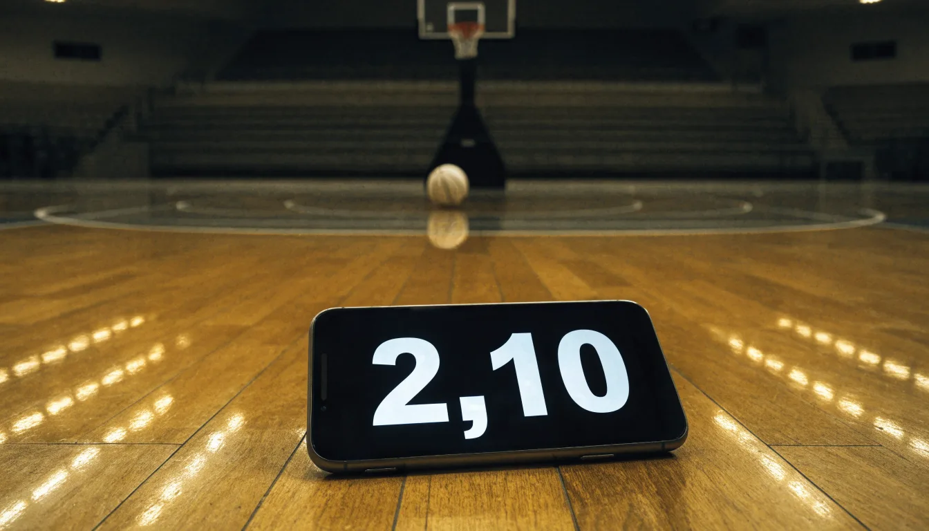 Ein Basketballfeld in einer leeren Halle, das Parkett spiegelt das Licht der Deckenlampen.