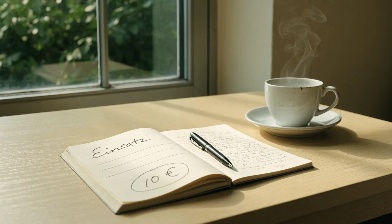 Eine Tasse Kaffee, ein Kugelschreiber und ein aufgeschlagenes leeres Notizbuch auf einem Küchentisch am Fenster.