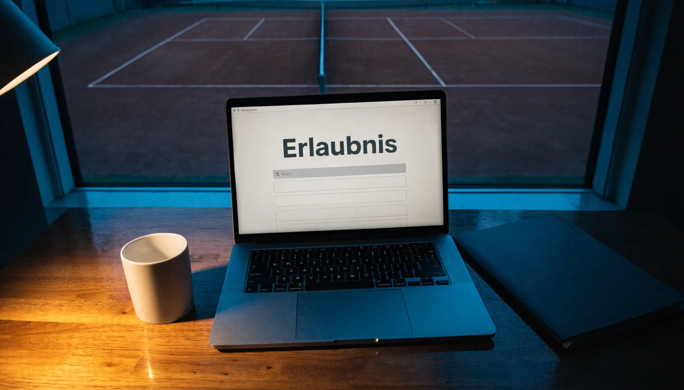 Ein Tennisplatz in der Dämmerung, Netz und Linien im Zwielicht, ohne Menschen und mit ruhigem Himmel.