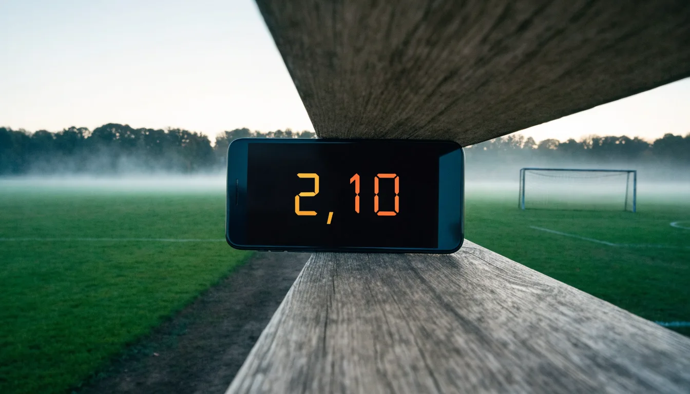 Ein Fußballtor mit Netz im Morgennebel auf einem leeren Platz, die Linien nur schwach zu erkennen.