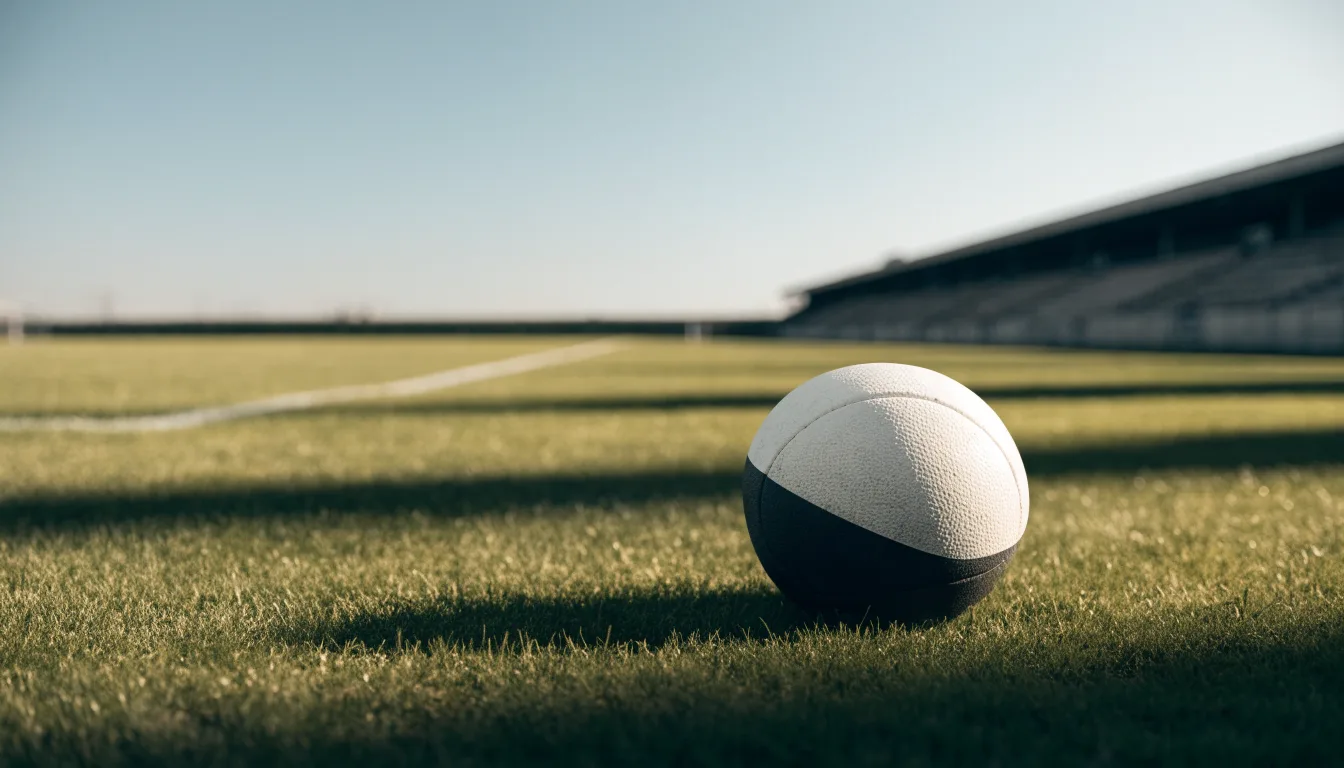 Ein Fußball liegt am Spielfeldrand eines Rasenplatzes, im Hintergrund eine leere Tribüne unter hellem Himmel.