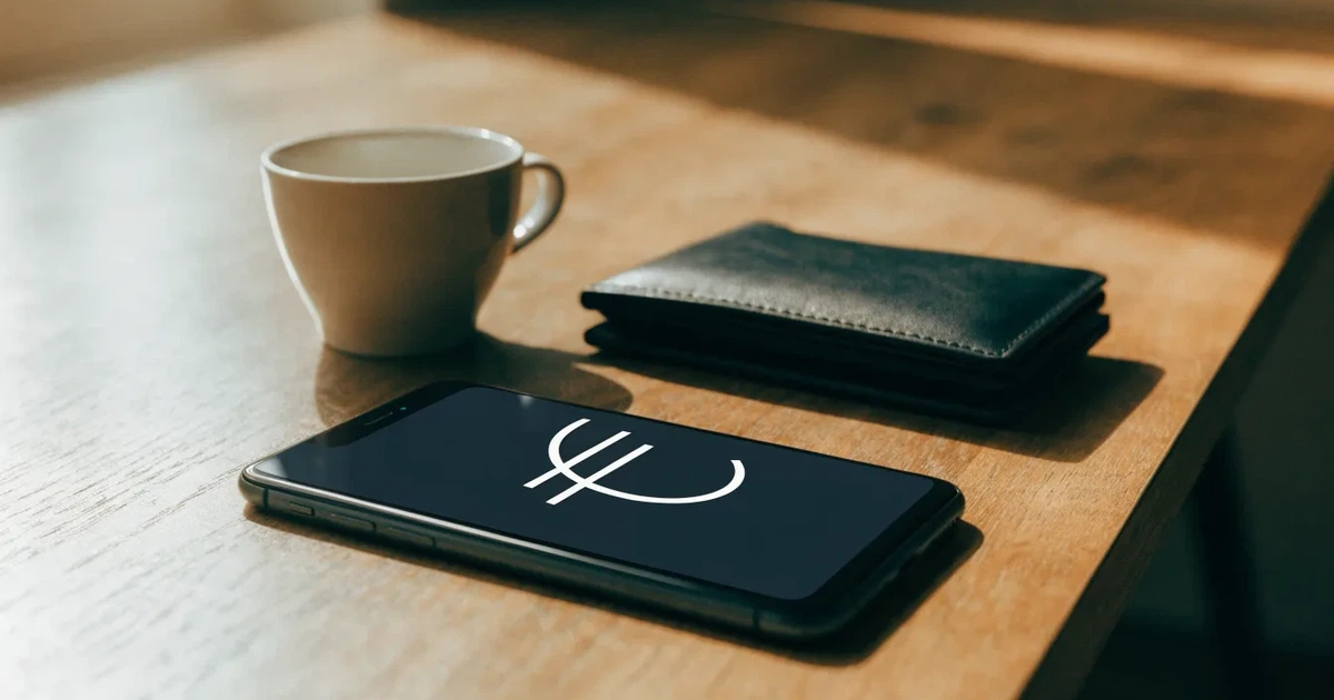 Ein Smartphone mit dunklem Bildschirm liegt auf einem Holztisch neben einem Portemonnaie und einer Kaffeetasse im Fensterlicht.