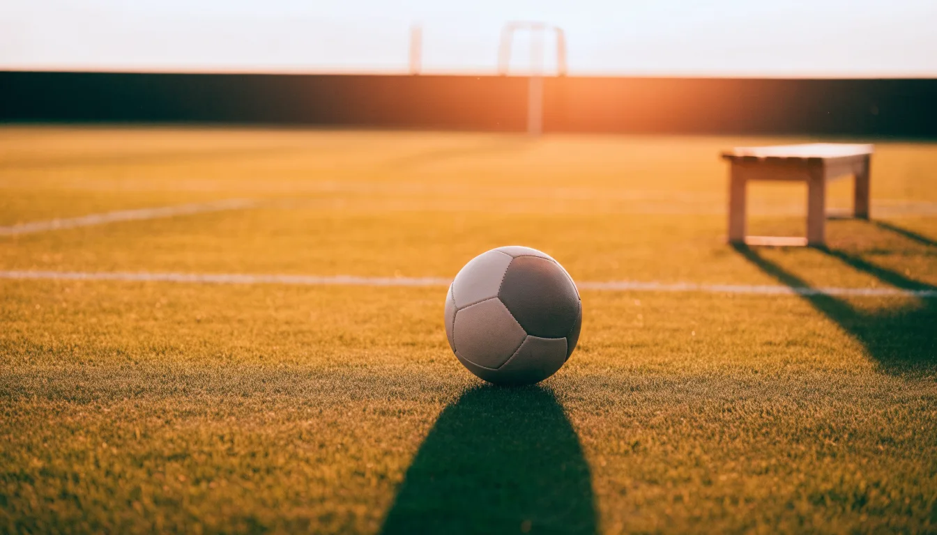 Ein Fußball auf einem Rasenplatz im Gegenlicht der tiefstehenden Sonne, am Rand eine leere Ersatzbank.