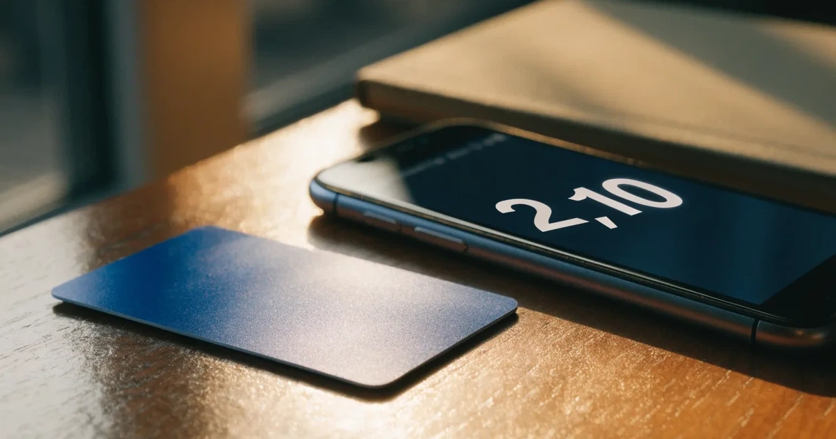 Eine Plastikkarte ohne Aufdruck liegt auf einem Holztisch neben einem Smartphone mit dunklem Bildschirm und einem Notizbuch.