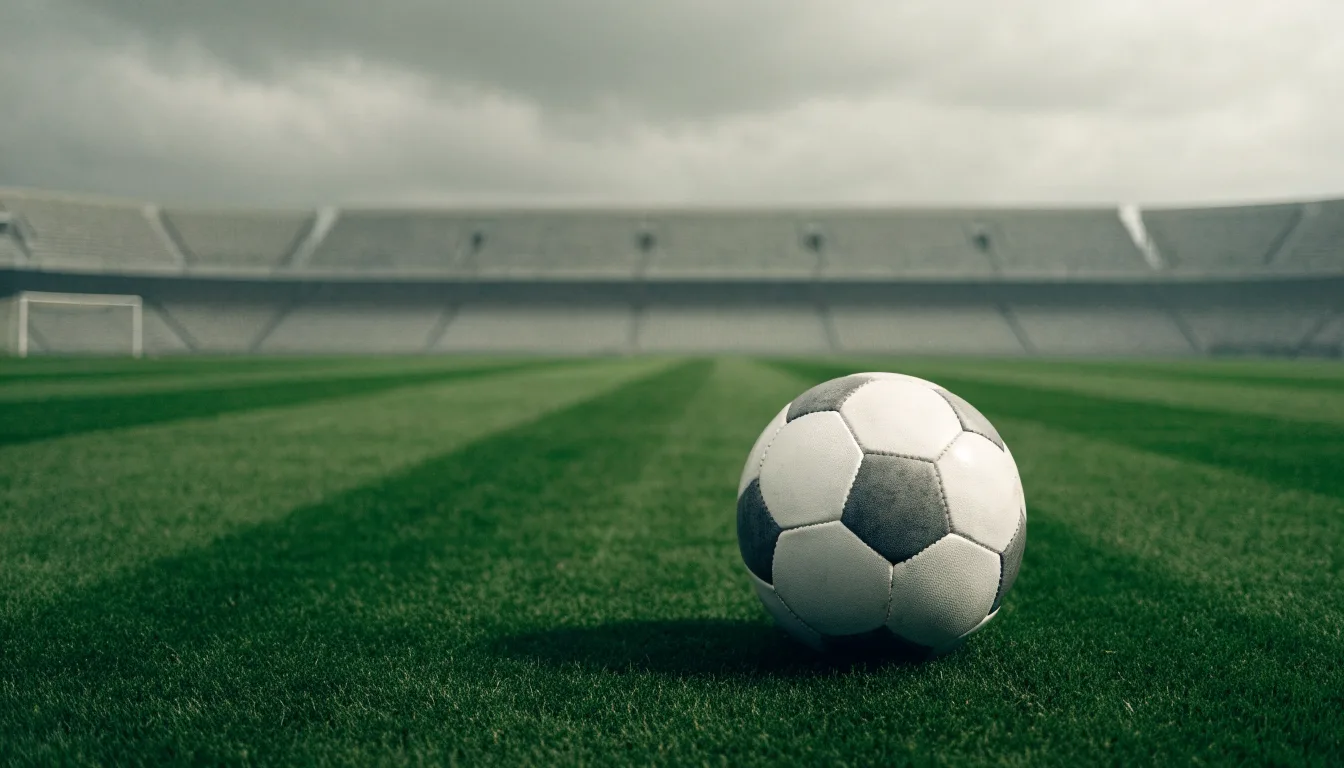 Ein Fußball auf einem Rasen, im Hintergrund ein leeres Stadion bei bewölktem Himmel.