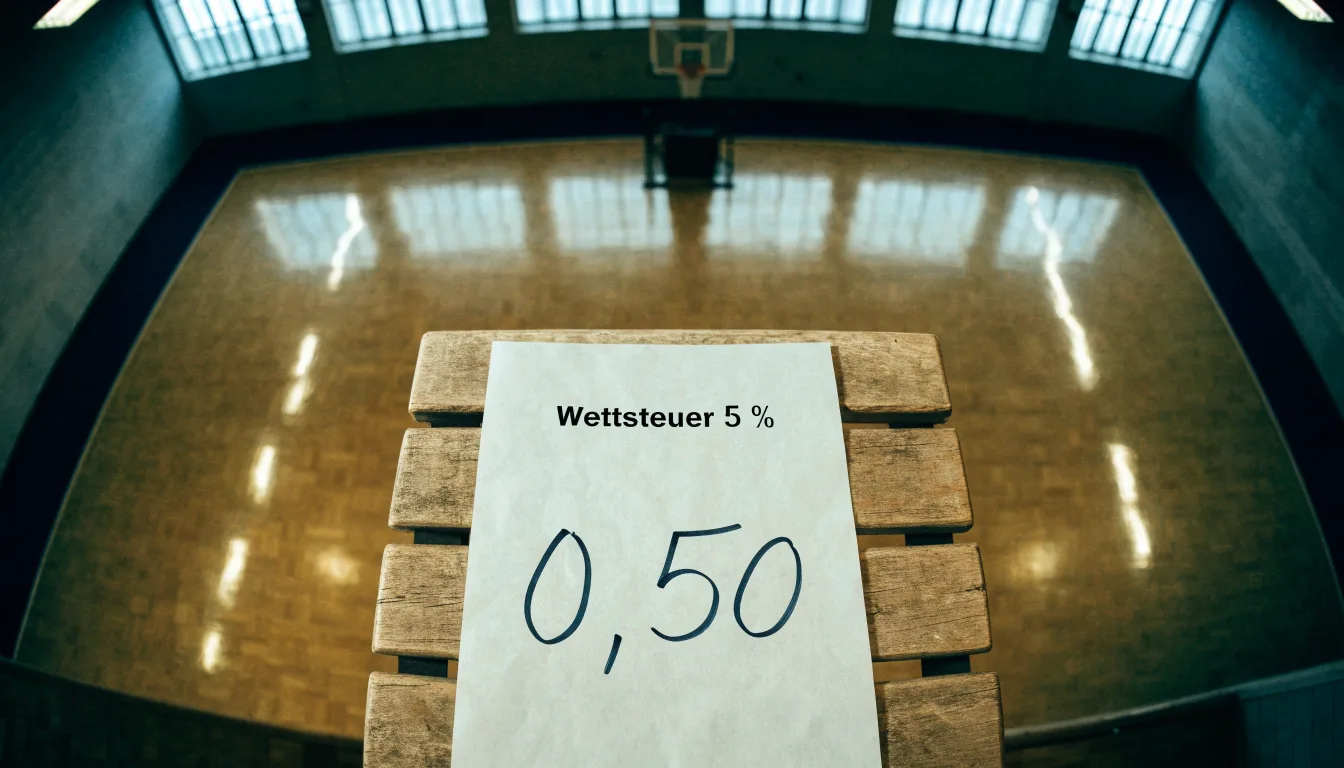 Ein Basketballfeld in einer leeren Halle, das Parkett spiegelt das Deckenlicht.