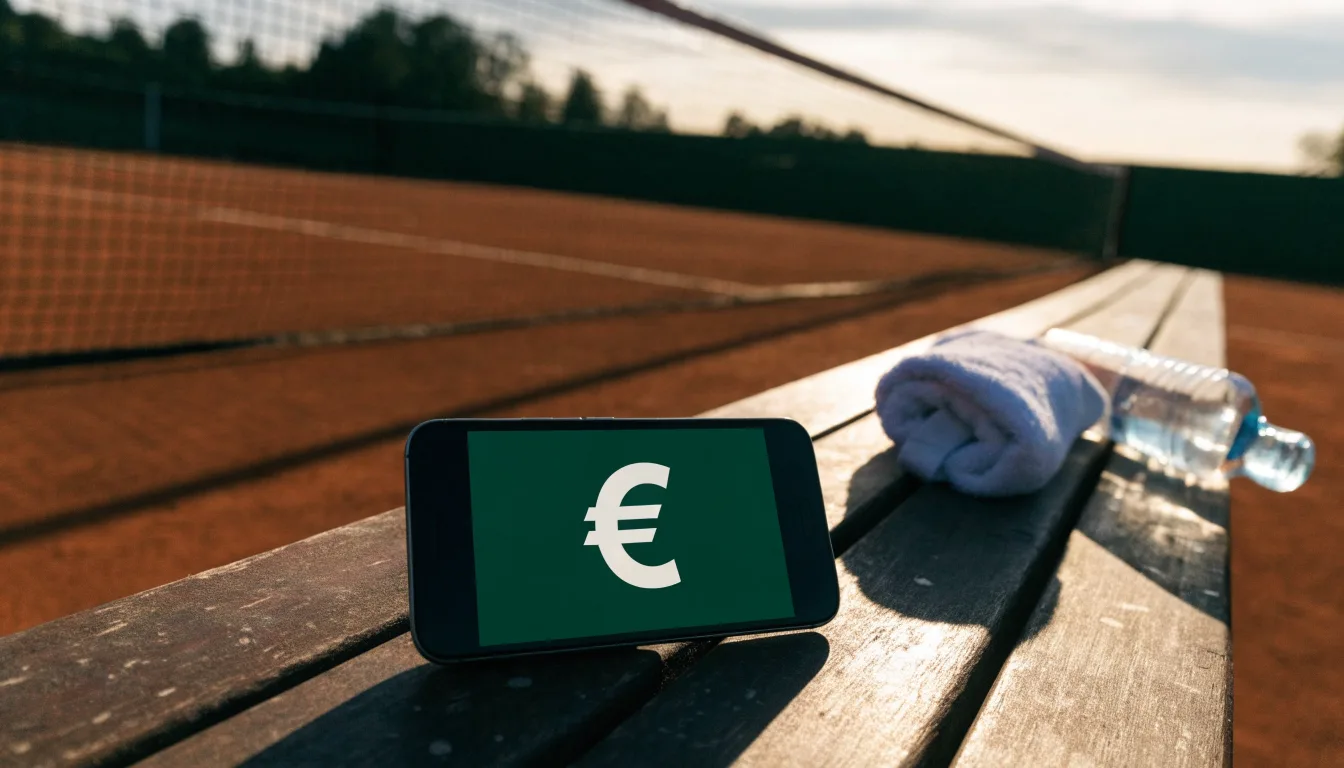 Ein Tennisplatz bei Sonnenaufgang, Netz und Linien im Streiflicht, ohne Menschen.