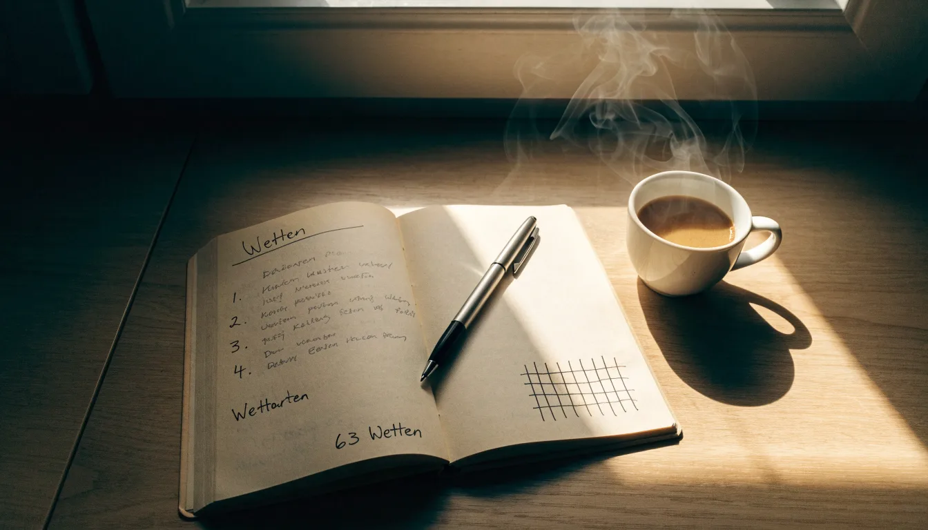 Ein aufgeschlagenes leeres Notizbuch mit Kugelschreiber neben einer Tasse Kaffee auf einem Tisch am Fenster.