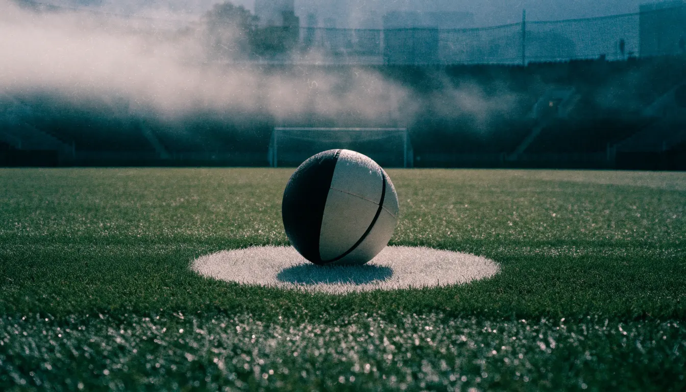 Ein Fußball liegt auf dem Anstoßpunkt eines leeren Rasenplatzes, im Hintergrund hängt Morgendunst über den Tribünen.