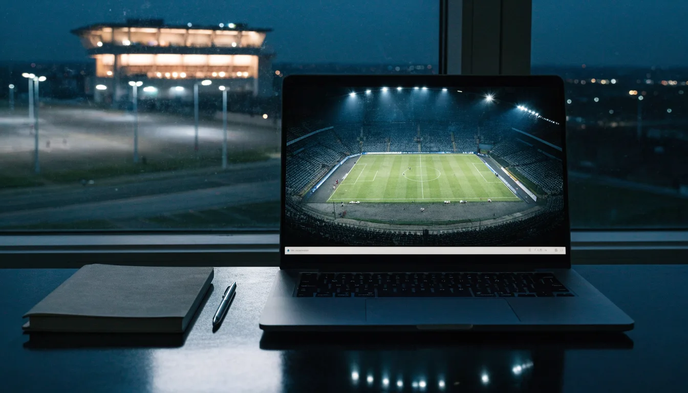 Ein Fußballstadion unter Flutlicht, aus großer Entfernung bei Einbruch der Dunkelheit gesehen, davor ein leerer Parkplatz.