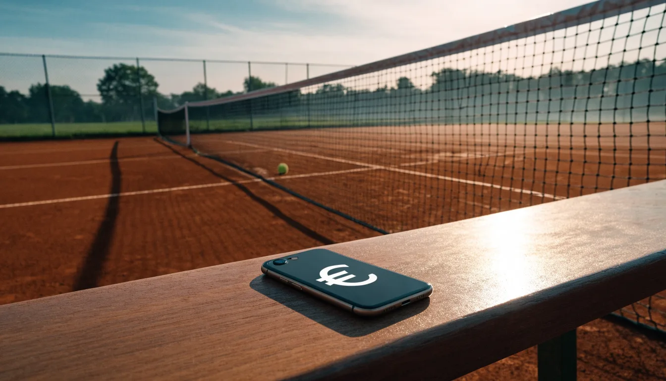 Ein Tennisplatz bei Sonnenaufgang, die Linien noch taufeucht, ein einzelner Ball liegt an der Grundlinie.