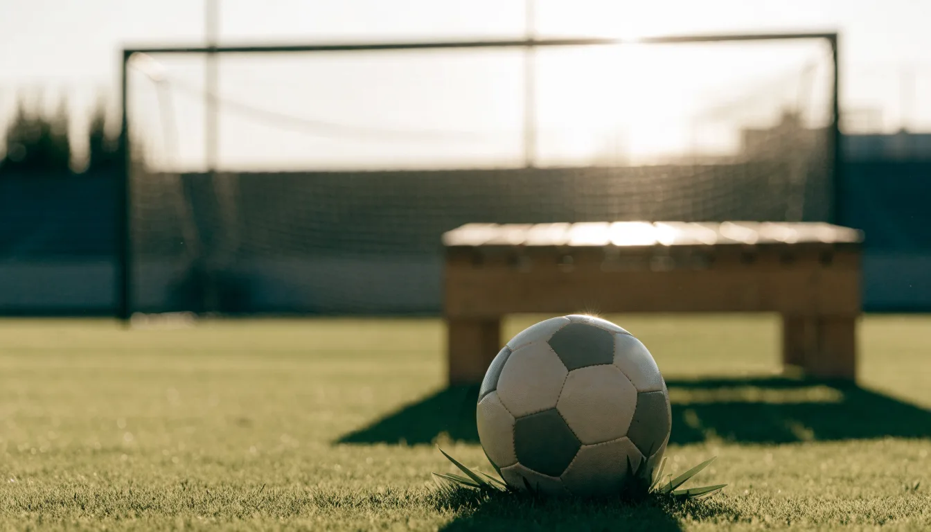 Ein Fußball liegt im Gras am Spielfeldrand, dahinter eine leere Bank und ein Tor im Gegenlicht.