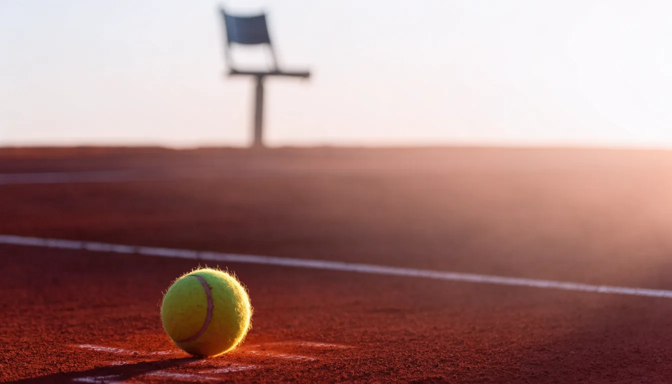 Ein Tennisball liegt auf einem roten Sandplatz bei Sonnenaufgang, im Hintergrund ein leerer Schiedsrichterstuhl.
