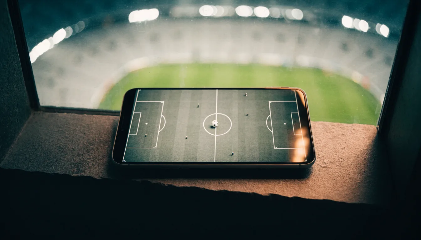 Ein Stadion unter Flutlicht aus der Ferne, davor ein stilles Feld im Dämmerlicht.