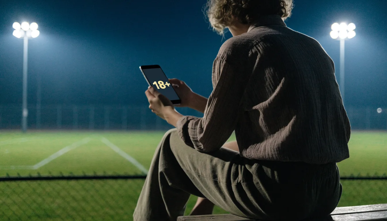 Eine Flutlichtanlage über einem leeren Sportplatz am Abend, im Vordergrund ein Maschendrahtzaun.