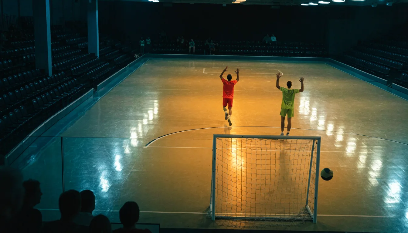 Ein Handball liegt in einer leeren Halle auf dem Boden vor dem Tor.