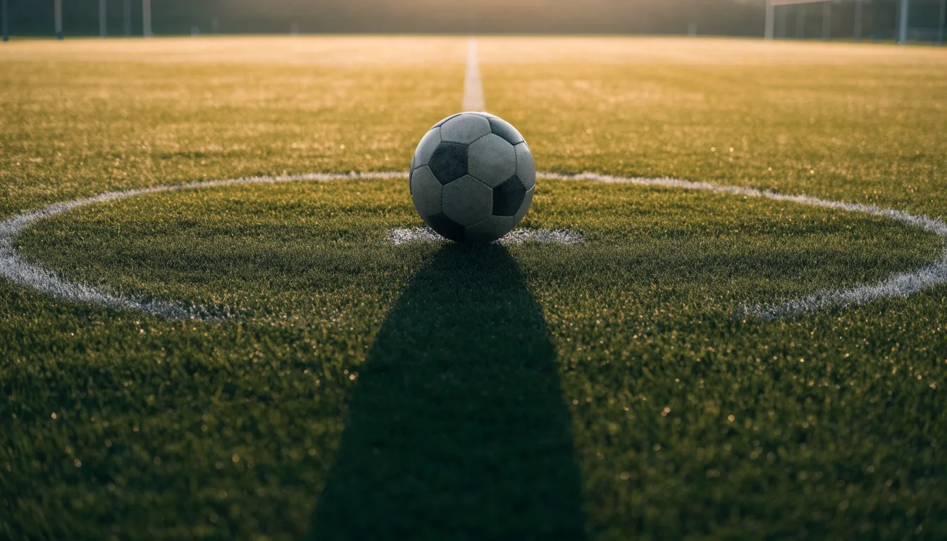 Ein Fußball liegt auf dem Anstoßkreis eines leeren Rasenplatzes im frühen Morgenlicht.