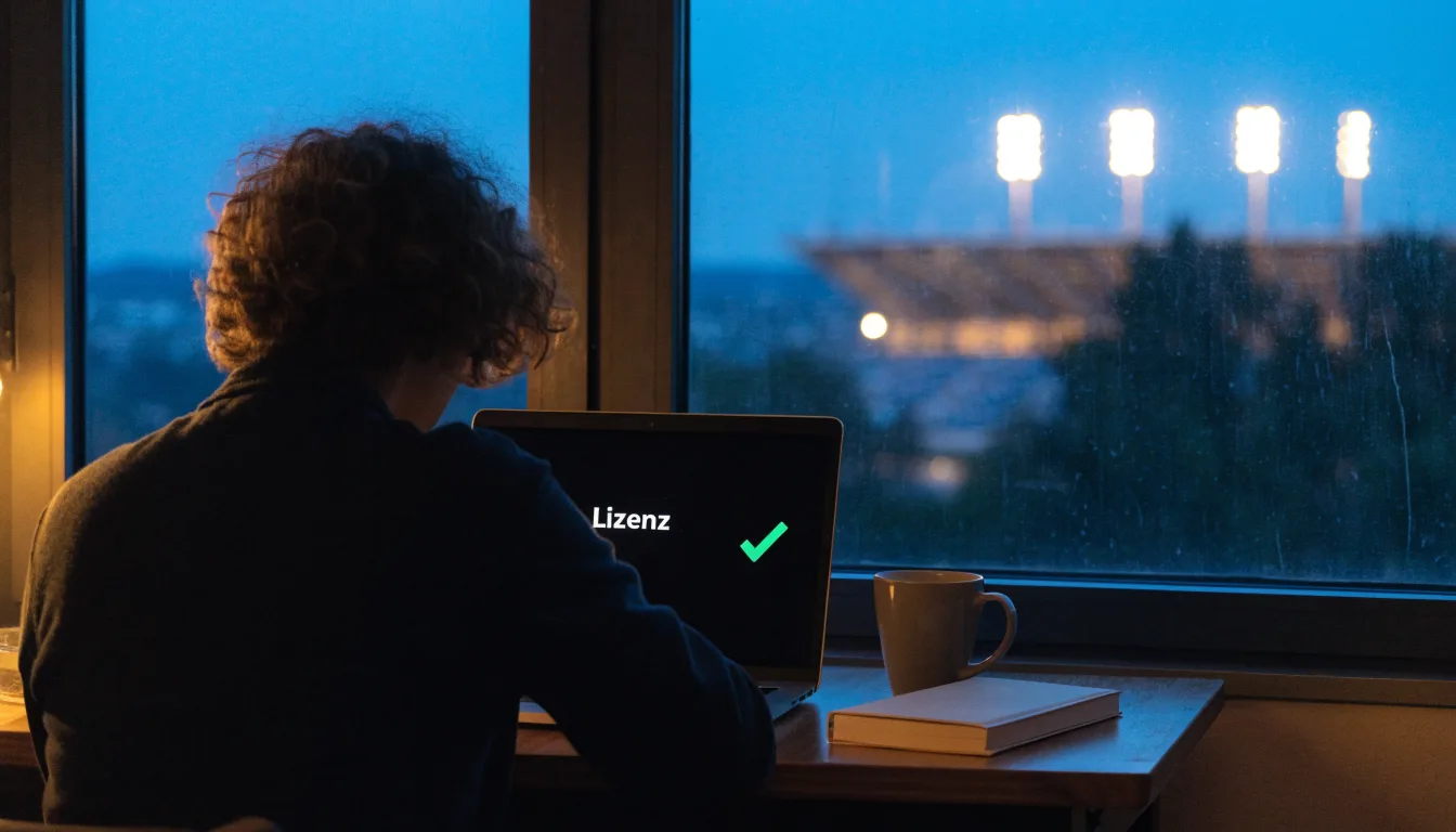Ein Stadion unter Flutlicht aus großer Entfernung, davor die Silhouetten von Bäumen im Abendhimmel.