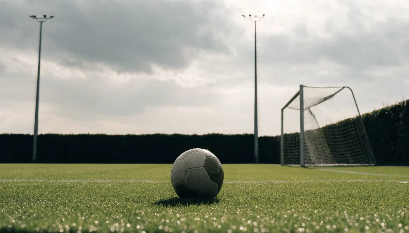 Ein Fußball auf einem Rasenplatz, im Hintergrund Flutlichtmasten und ein bewölkter Himmel.