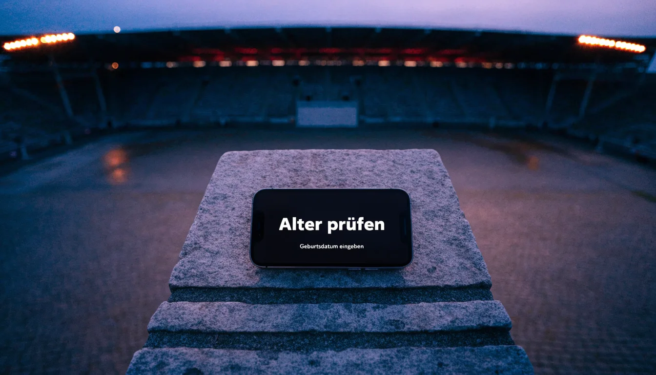 Die Rückseite einer Tribüne bei Dämmerung, davor ein menschenleerer Vorplatz mit Pflastersteinen.