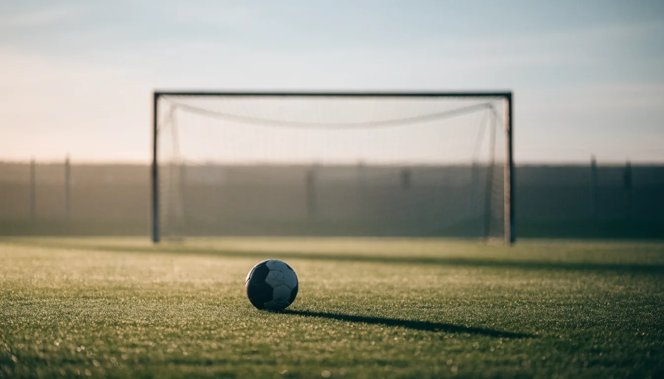 Ein Fußball auf dem Rasen vor einem leeren Tor im frühen Morgenlicht.