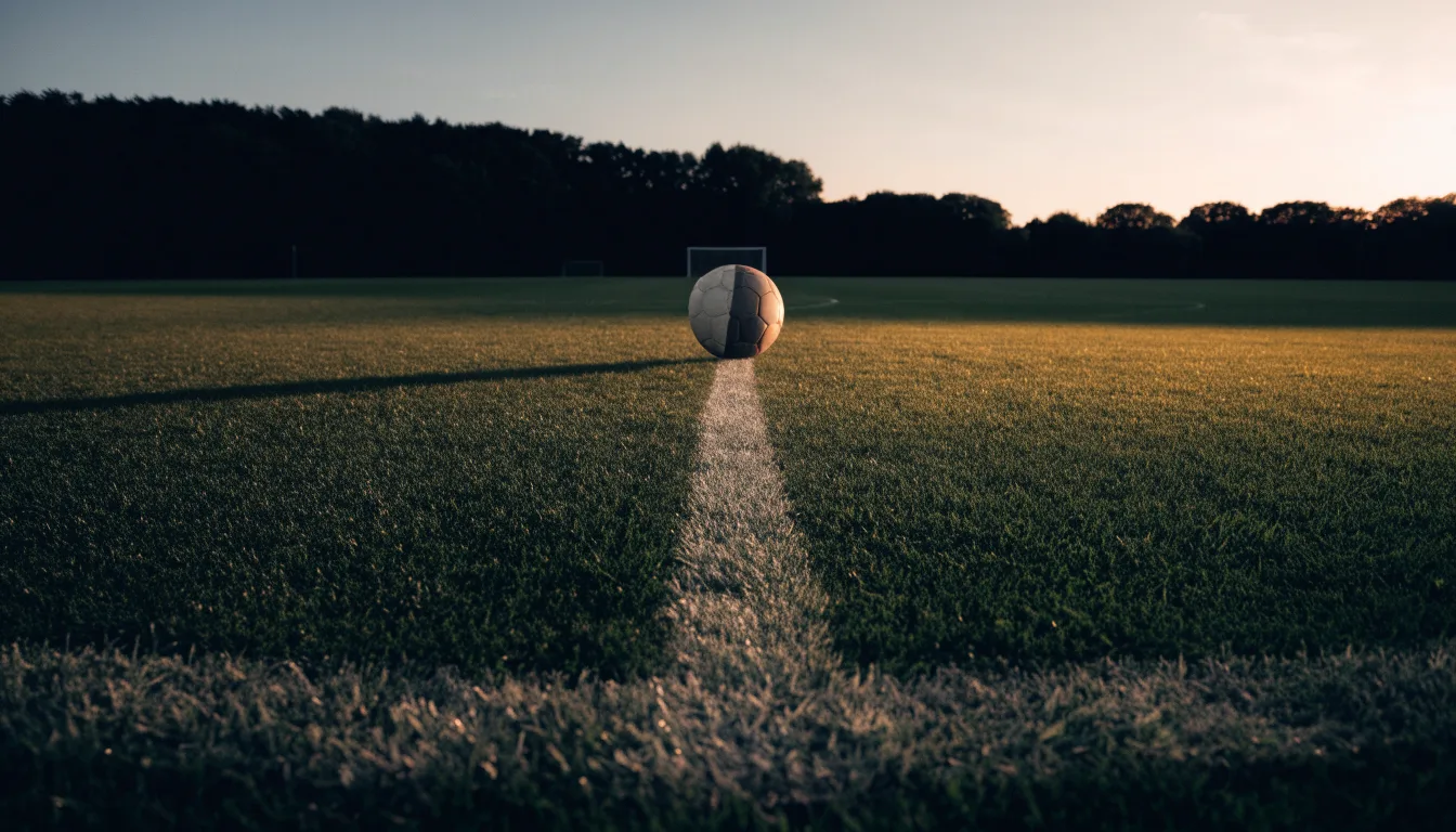 Ein Fußball liegt in der Mitte eines leeren Rasenplatzes, am Horizont färbt sich der Himmel orange.