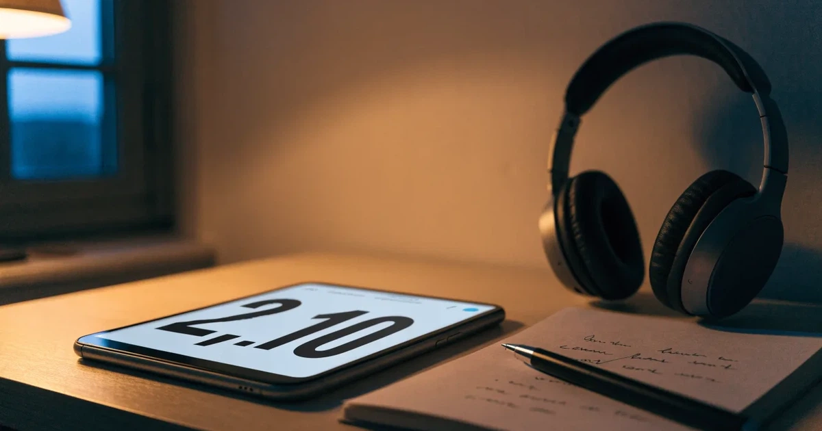 Ein Smartphone mit schwarzem Display liegt neben Kopfhörern auf einem Schreibtisch, daneben ein aufgeschlagenes Notizbuch.