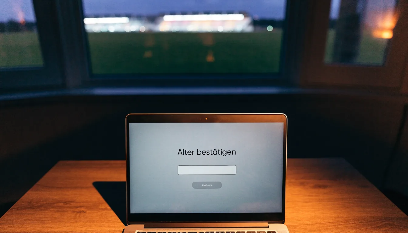 Ein hell beleuchtetes Stadion aus der Ferne in der Dämmerung, im Vordergrund ein Feld mit hohem Gras.