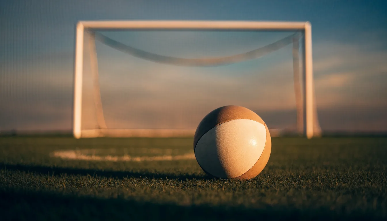 Ein Fußball liegt im Strafraum eines leeren Platzes, dahinter die Netze des Tores im Abendlicht.