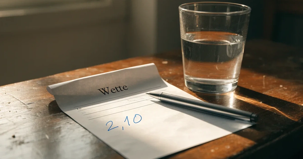 Ein leerer Papier-Wettschein liegt zusammen mit einem Kugelschreiber auf einem Tisch, daneben ein Glas Wasser.