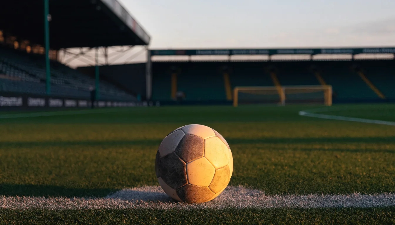 Ein Fußball liegt auf dem Elfmeterpunkt eines leeren Platzes im Abendlicht.