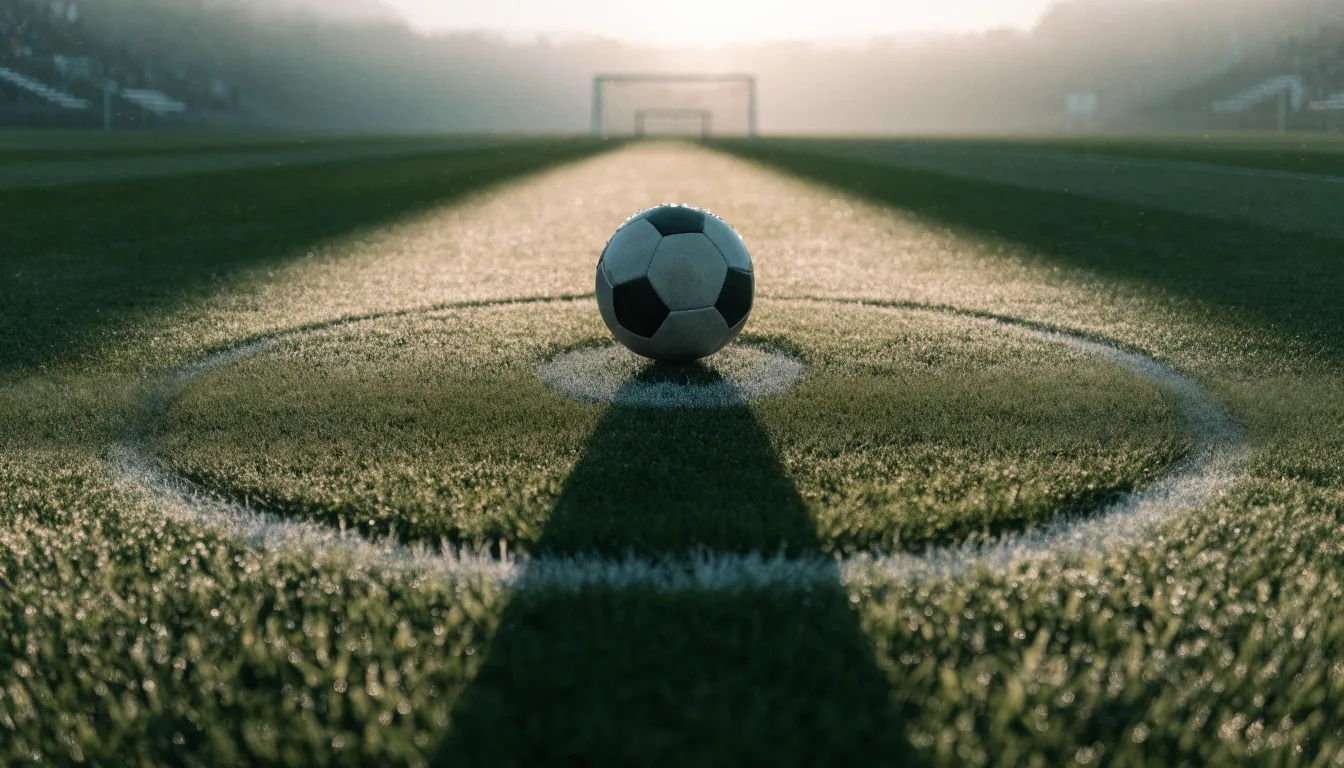 Ein Fußball auf dem Mittelkreis eines leeren Rasenplatzes im frühen Morgenlicht.