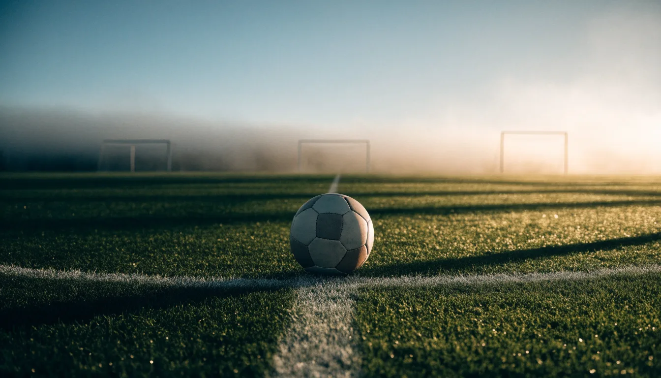 Ein Fußball liegt am Rand des Mittelkreises auf einem leeren Rasenplatz bei Sonnenaufgang.