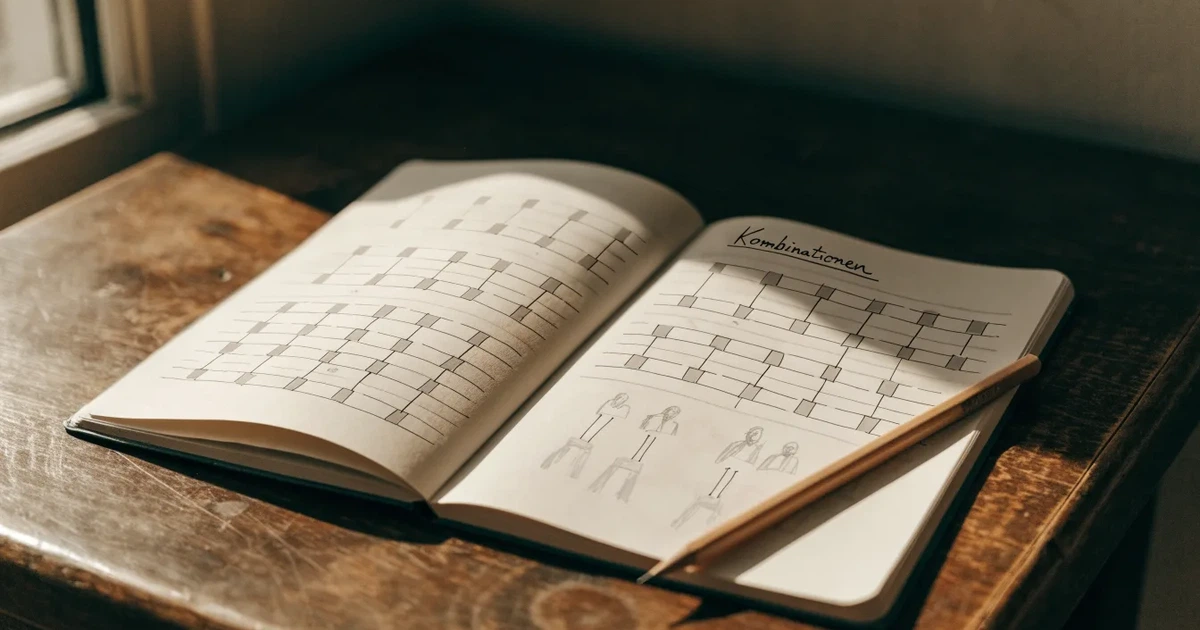 Ein Notizbuch mit handschriftlichen Kästchen und Linien liegt neben einem Bleistift und einem Taschenrechner auf einem Schreibtisch.