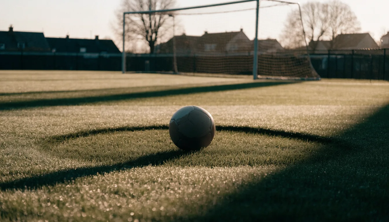 Ein Fußball auf dem Rasen eines leeren Sportplatzes am Rand einer Kleinstadt im Morgenlicht.