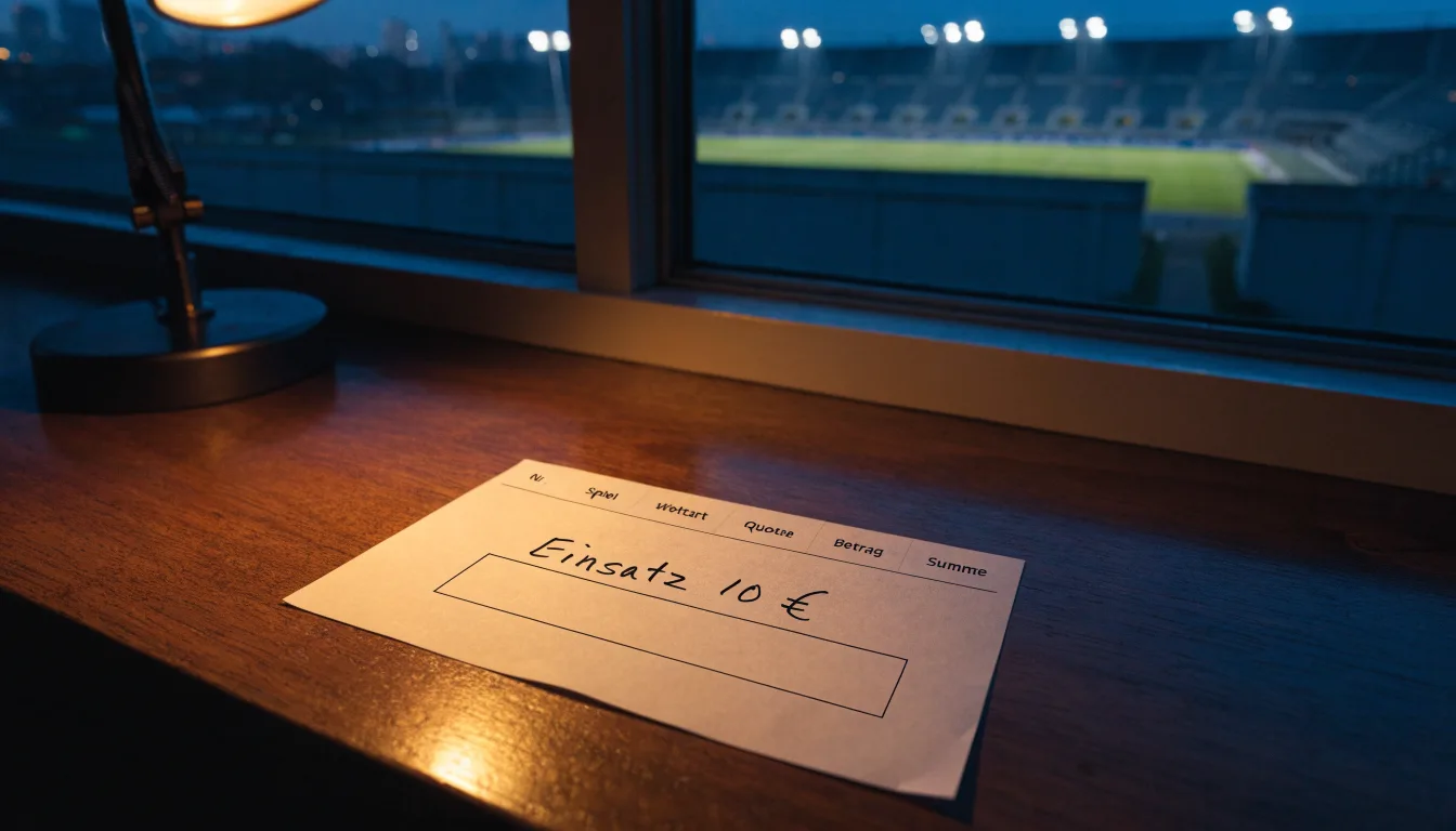 Ein Stadion unter Flutlicht, von einer Anhöhe aus gesehen, davor ein stiller Weg in der Dämmerung.