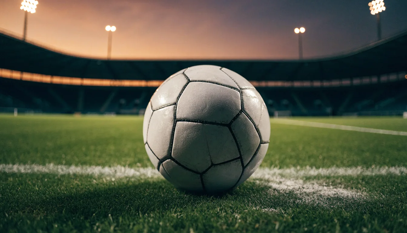 Ein Fußball liegt auf dem Anstoßpunkt eines leeren Rasenplatzes, im Hintergrund ein Stadion unter Flutlicht in der Abenddämmerung.