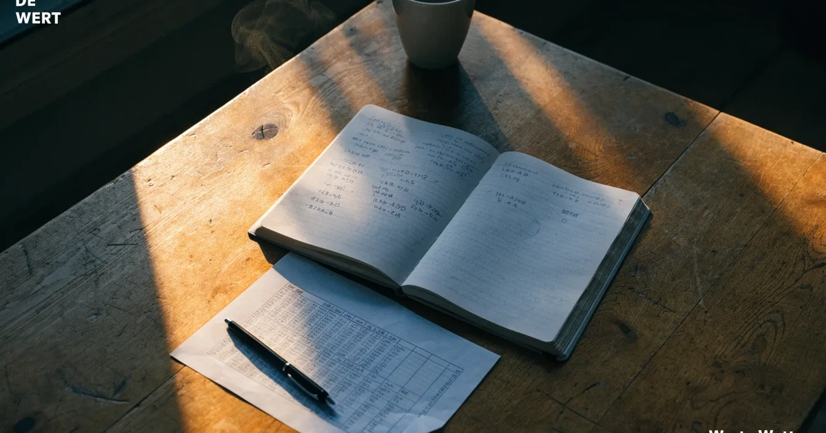 Ein Notizbuch mit handschriftlichen Rechnungen und ein Taschenrechner liegen auf einem Schreibtisch neben einer Tasse Kaffee im Licht des frühen Morgens.