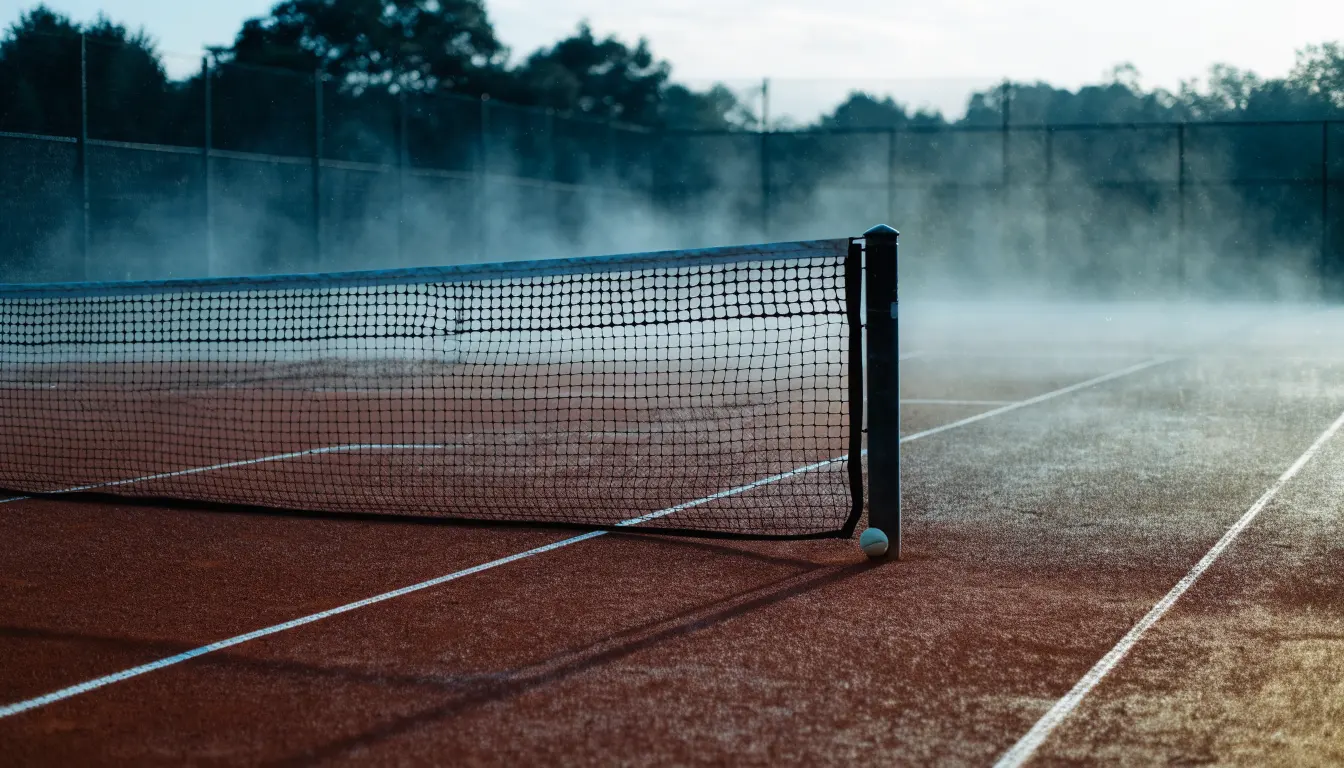 Ein Tennisplatz im Morgengrauen, das Netz und die Linien liegen im Tau, im Hintergrund leichter Nebel und kein Mensch zu sehen.