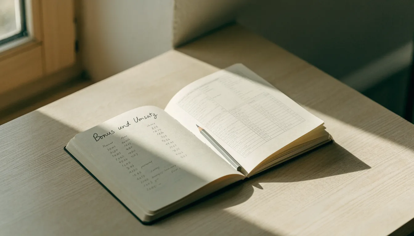 Ein Notizbuch mit handschriftlichen Notizen und ein Bleistift liegen auf einem Schreibtisch am Fenster, draußen fällt Morgenlicht herein.